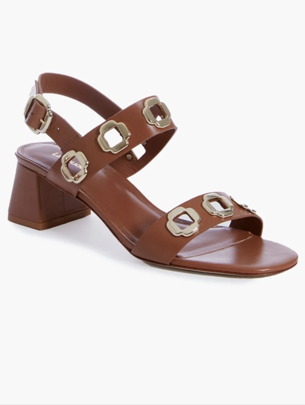 Larroude Tan Leather Block Heel Sandals with Gold Buckle Details - Picture 2 of 2